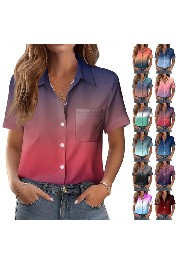 Button Down Shirts for Women Short Sleeve Collared Dressy Casual Blouses Cute Christmas Printed Tops Business Work, Red S