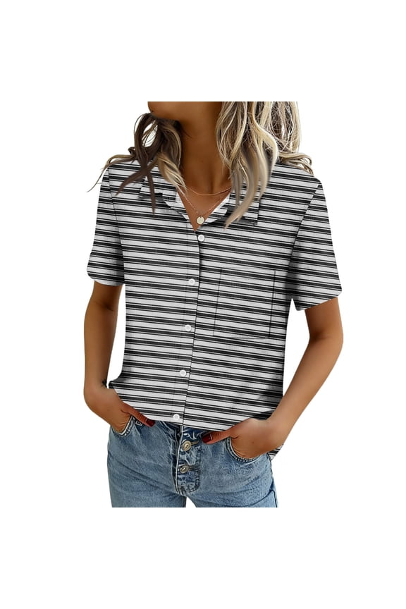 Button Down Shirts for Women Short Sleeve Collared Tops Dressy Casual V Neck Blouses Black S