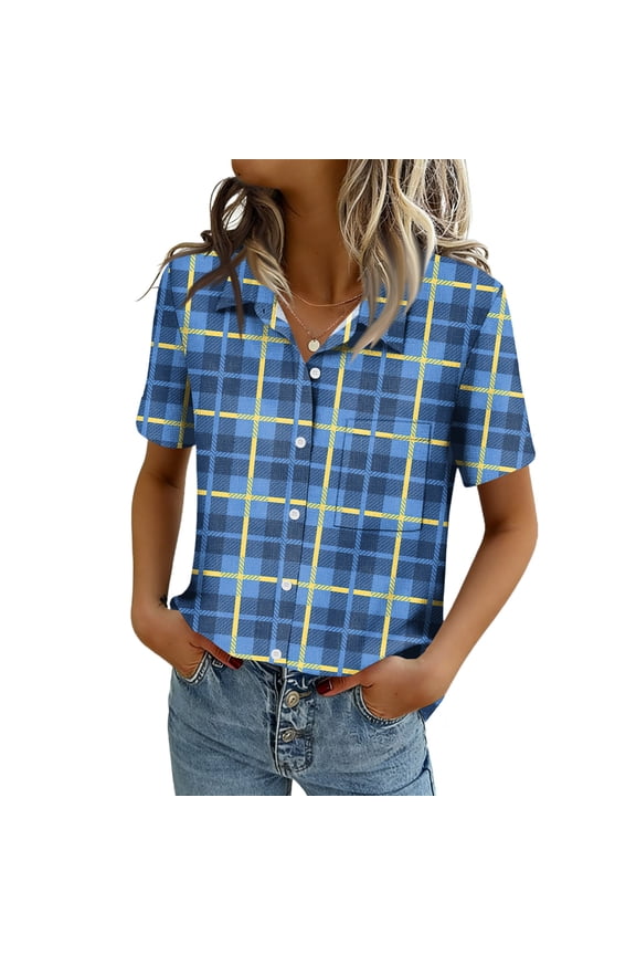 Button Down Shirts for Women Short Sleeve Collared Tops Dressy Casual V Neck Blouses Royal Blue S