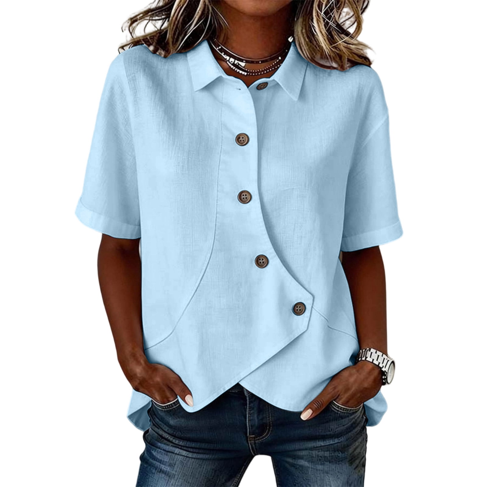 Button Down Shirts for Women Short Sleeve Solid Color Lapel Irregular ...
