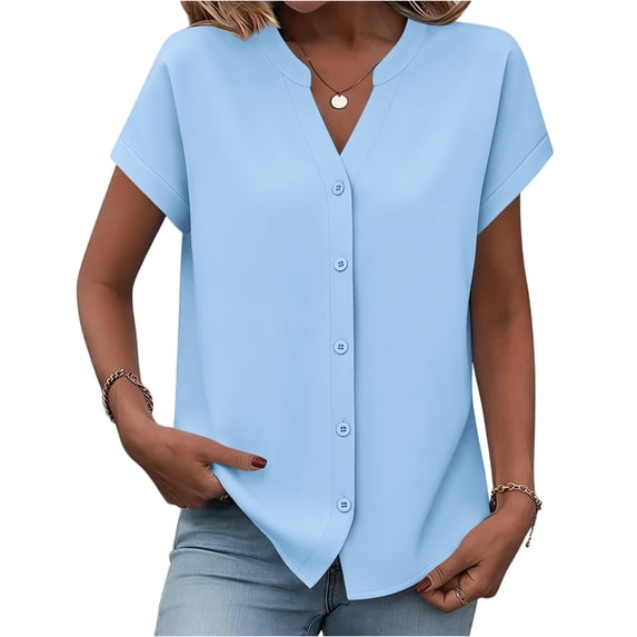 Button Down Shirts for Women Short Sleeve Tops V Neck Collar Blouses Solid Color Business Casual Outfits Black 2XL