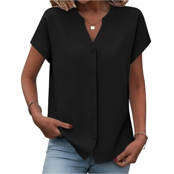 Button Down Shirts for Women Short Sleeve Tops V Neck Collar Solid Color Blouses Business Casual Outfits Blue M