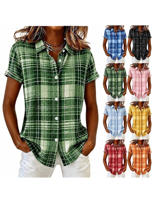 Button Down Shirts for Women Short Sleeve Tops Womens Plaid Printed Collared Casual Fall Blouses