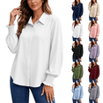 thumbnail image 1 of Button Down Shirts for Women Smocked Cuffed Solid Colors Shirt Work Office Casual Collar Long Sleeve Tops, 1 of 8