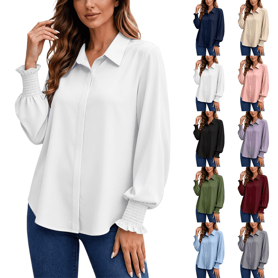 Button Down Shirts for Women Smocked Cuffed Solid Colors Shirt Work Office Casual Collar Long Sleeve Tops