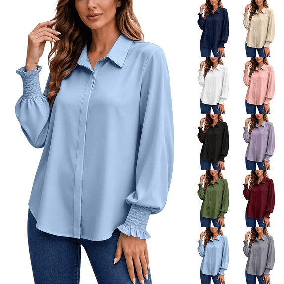 Button Down Shirts for Women Smocked Cuffed Solid Colors Shirt Work Office Casual Collar Long Sleeve Tops