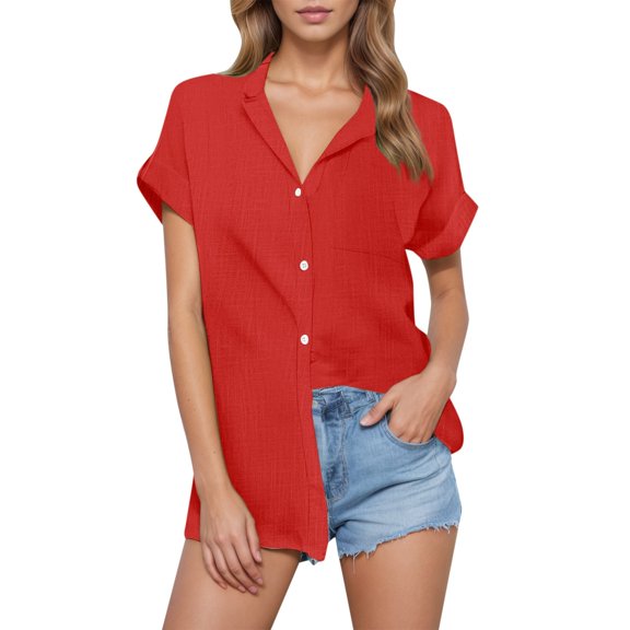 Button Down Shirts for Women Solid Color Lapel Collar V-Neck Short Sleeve Blouses Trendy Comfy Relaxed Fit Workout Tops