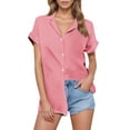 thumbnail image 1 of Button Down Shirts for Women Solid Color Lapel Collar V-Neck Short Sleeve Blouses Trendy Comfy Relaxed Fit Workout Tops, 1 of 8