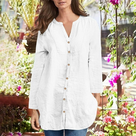 Button Down Shirts for Women Solid Color Long Sleeve Top Cotton Tee Dressy Casual Blouses Summer Thin Clothes (White S)
