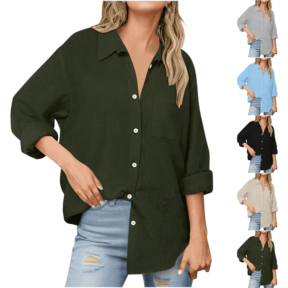 Button Down Shirts for Women Solid Color Loose Collared Blouses Long Sleeve Dress Shirt Work Casual Tunics with Pockets