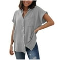 thumbnail image 1 of Button Down Shirts for Women Solid Short Sleeve V Neck Summer Tops Basic Tee Casual Loose Henley Pockets Tunic Blouses, 1 of 5