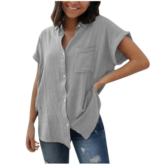 Button Down Shirts for Women Solid Short Sleeve V Neck Summer Tops Basic Tee Casual Loose Henley Pockets Tunic Blouses