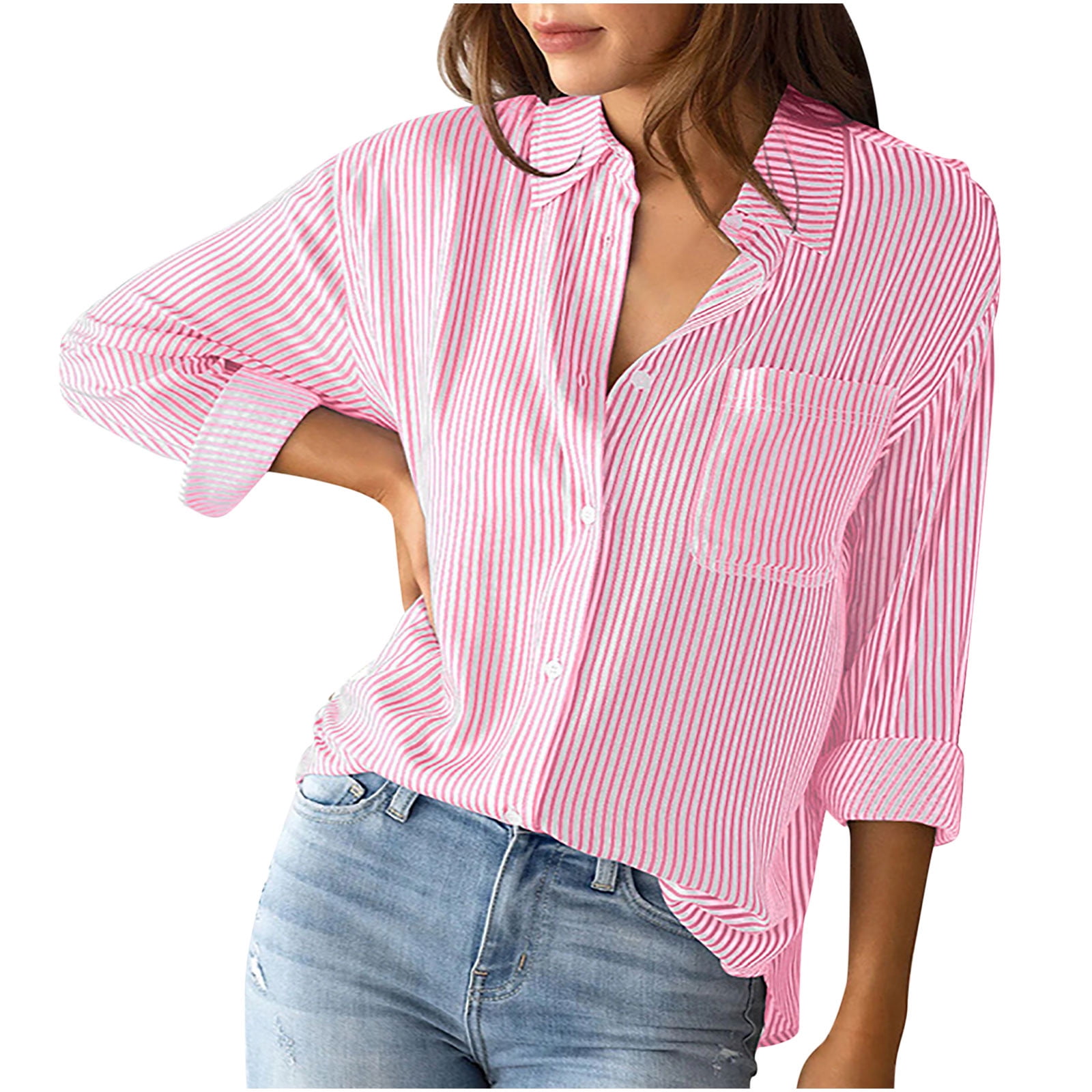 Button Down Shirts for Women Stripe Print Collared V Neck Work