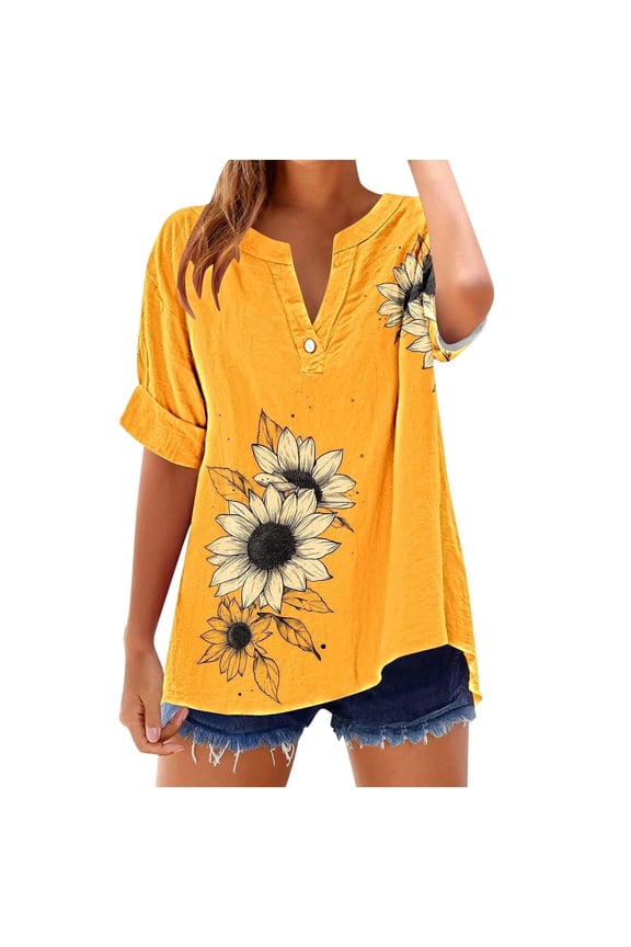 Button Down Shirts for Women Summer 2026 Boho Floral Printed Short Sleeve Tops Cottn Linen Beach Vacation Blouses