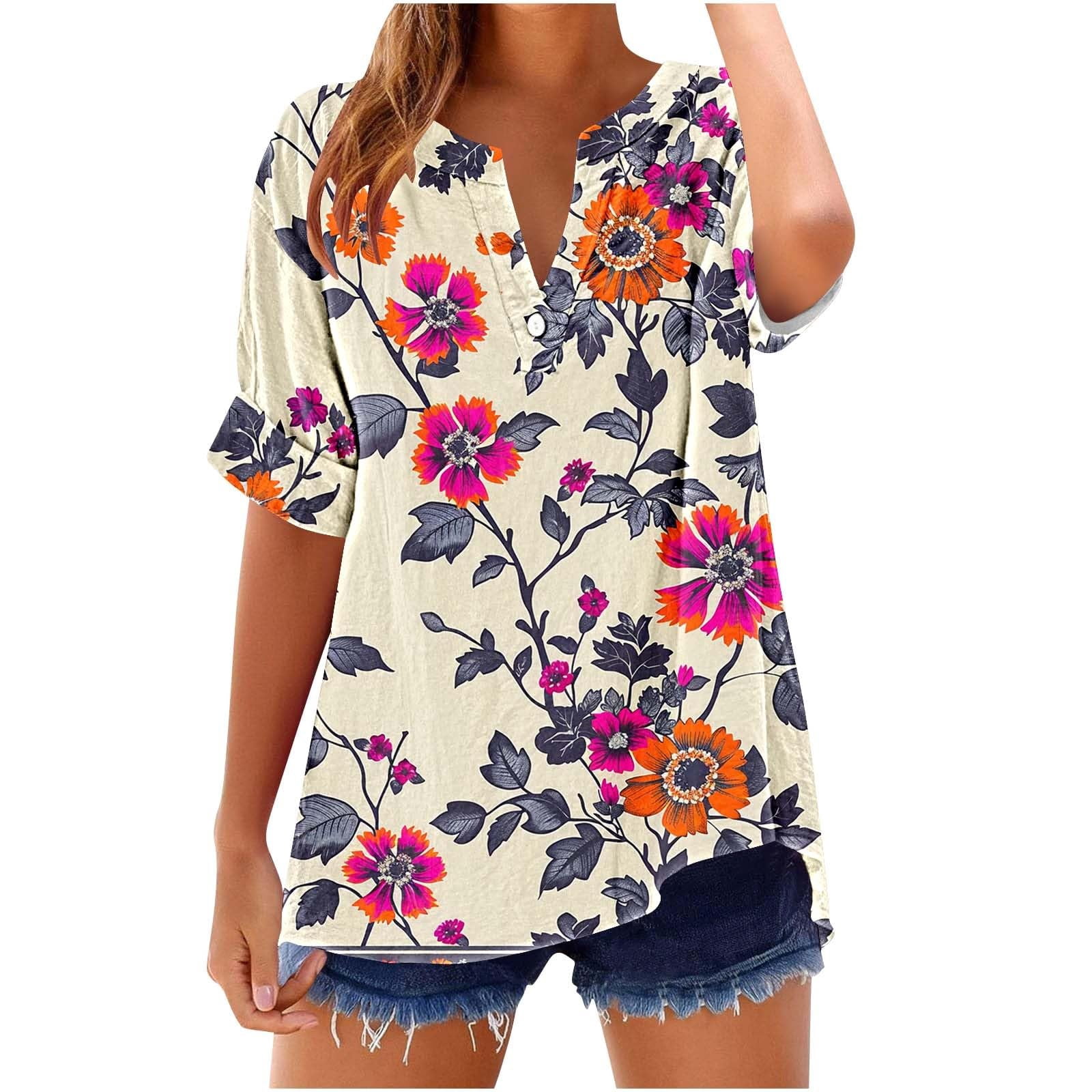 Button Down Shirts for Women Summer 2026 Boho Floral Printed Short ...