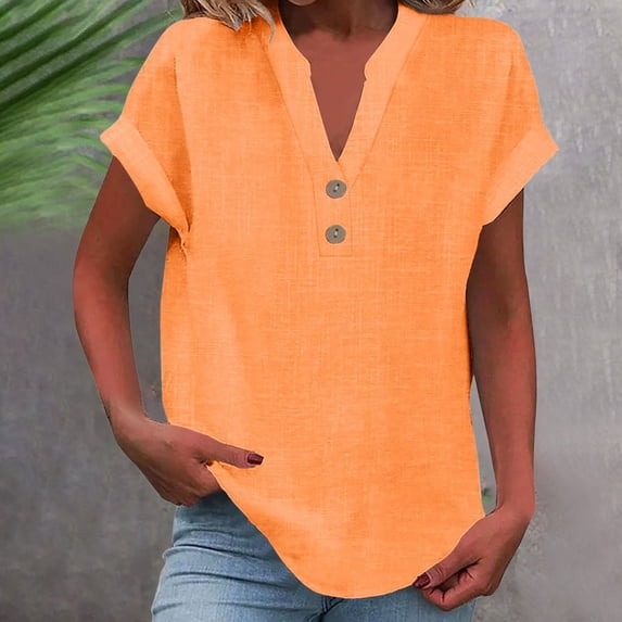 Button Down Shirts for Women V-Neck Solid Color Fashion Blouses Short Sleeve Dressy Work Tops
