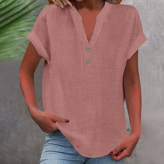 Button Down Shirts for Women V-Neck Solid Color Fashion Blouses Short Sleeve Dressy Work Tops