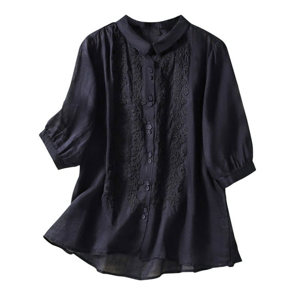 Button Down Shirts for Women Vintage Floral Embroidery Long Sleeve Button Up Breathable Cotton Linen Shirt Blouse Tops Black 2XL