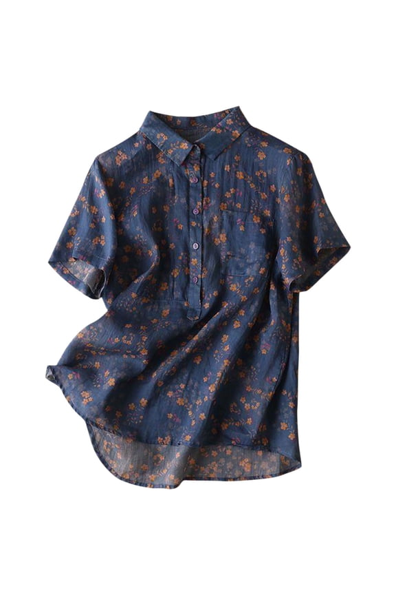 Button Down Shirts for Women Vintage Floral Short Sleeve Button Up Breathable Cotton Linen Shirt Blouse Tops Blue M