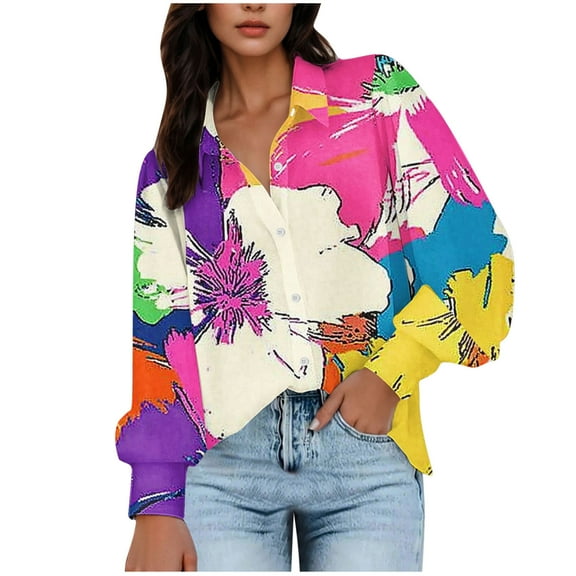 Button Down Shirts for Women Vintage Printed Lantern Long Sleeve Blouse Business Dressy Casual Work Tops