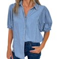 thumbnail image 1 of Button Down Shirts for Women! Yigetop Comfortable Casual Puffed Sleeve Solid Color Shirt Short Sleeve Button Up Women Sky Blue L, 1 of 4