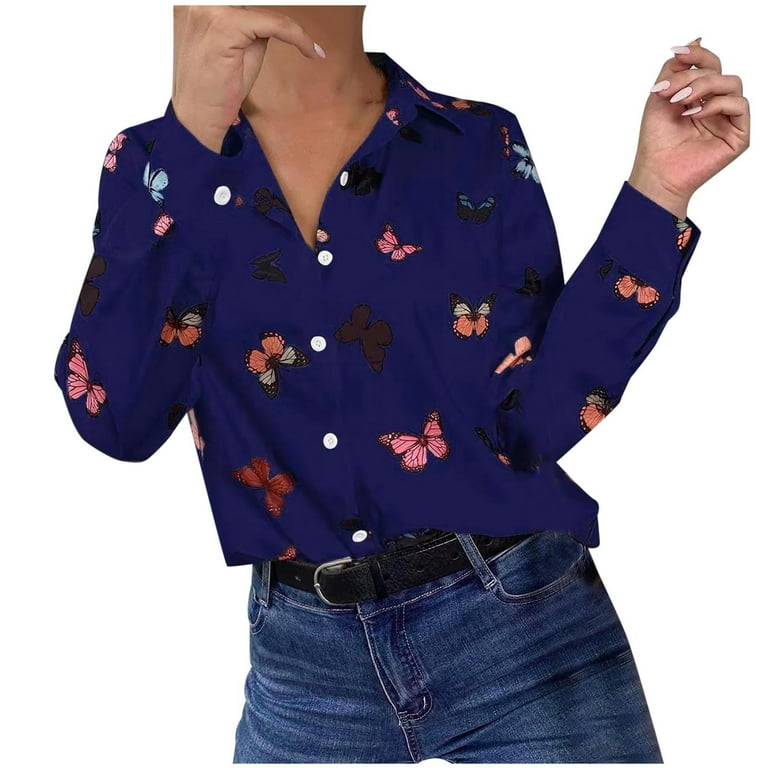Button Down Shirts for Women s Casual Long Sleeve Tshirts V Neck Collared Loose Ladies Cute Butterfly Print Blouses Tops Walmart