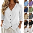 thumbnail image 1 of Button Down Shirts for Womens 3/4 Sleeve Linen Cotton Top Work Blouse, 1 of 5