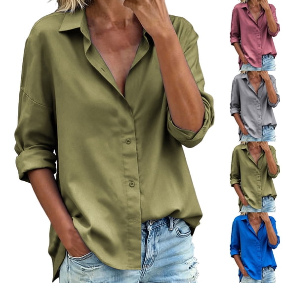 Button Down Shirts for Womens - Casual Fashionable Turndown Collar Long Sleeve Cardigan Blouses Green-a XXL