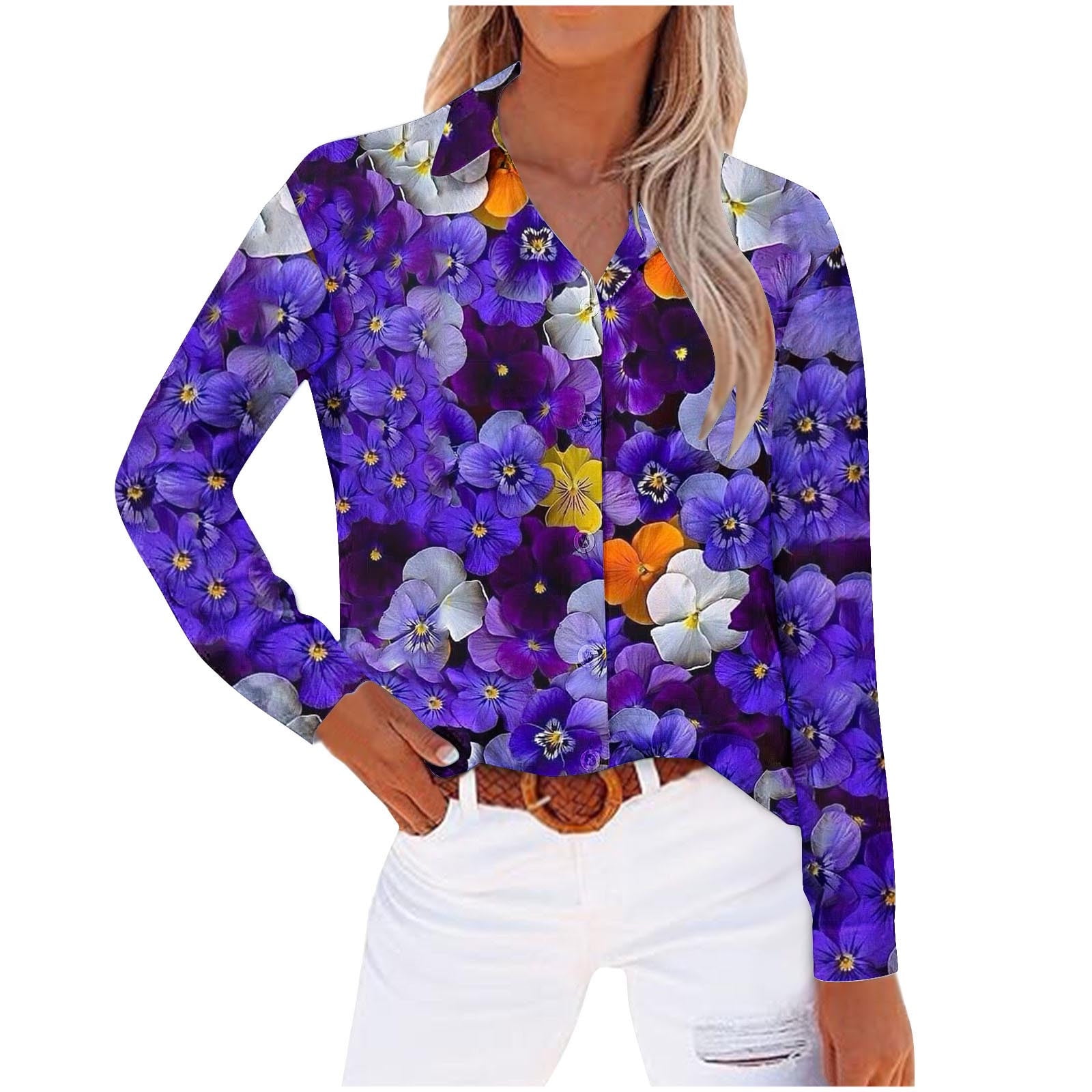 Casual Blouse Floral Print Women with Long-Sleeve Button-Down