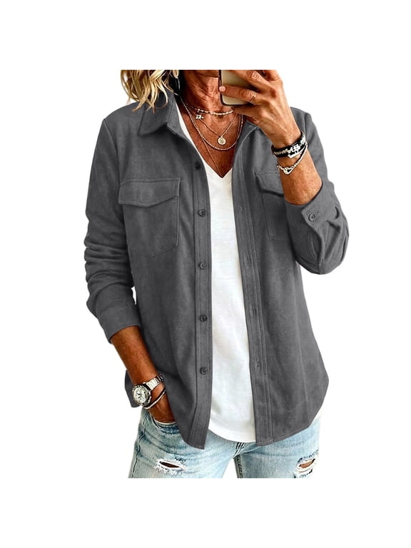 Button Down Shirts for Womens Lapel Faux Suede Shacket with Chest Pocket