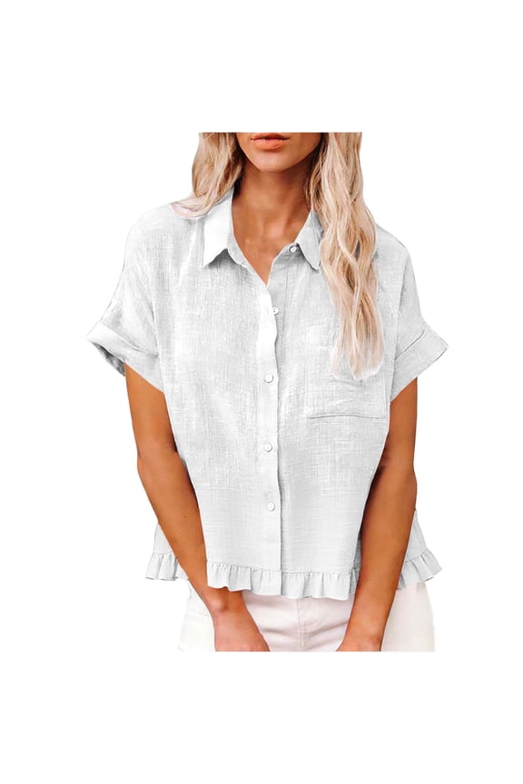 Button Down Short Sleeve Shirts for Women Cute Ruffle Collared Summer Casual Tops Loose Work Shirt with Pockets Vacation Blouses