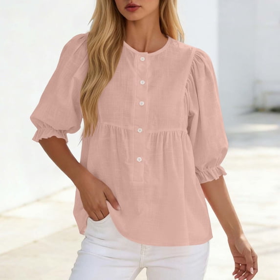 Button Down Short Sleeve Shirts for Women Round Neck Loose Casual Summer Tops