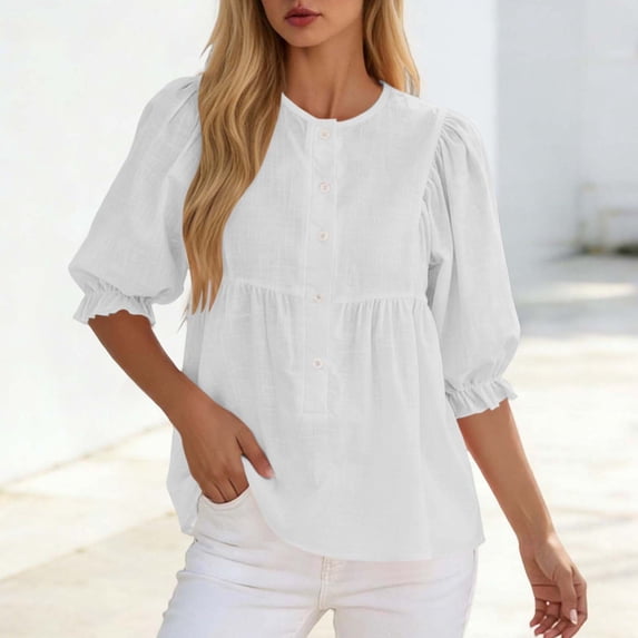 Button Down Short Sleeve Shirts for Women Round Neck Loose Casual Summer Tops