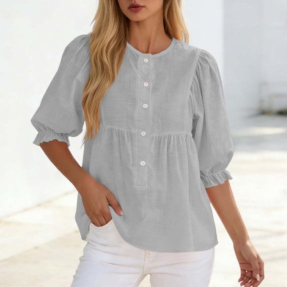 Button Down Short Sleeve Shirts for Women Round Neck Loose Casual Summer Tops