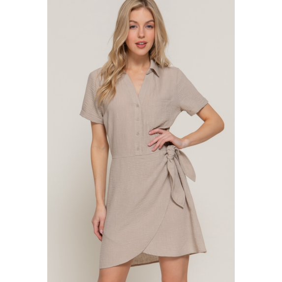 Button Down Side Bow Linen Effect Mini Dress