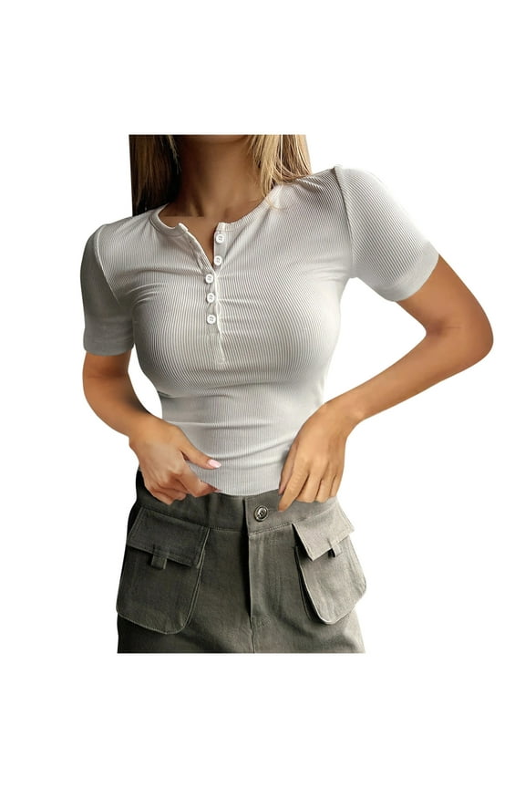 Button Down Slimming Tops for Women Trendy 2025 Short Sleeve Basic Casual T Shirts Blouse Stretch Summer Tight Tees