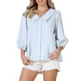 thumbnail image 1 of Button Down Striped Shirt Dressy Casual Blouse for Women Ruffled Sleeve Summer Babydoll Tops L Blue, 1 of 6