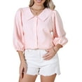 thumbnail image 1 of Button Down Striped Shirt Dressy Casual Blouse for Women Ruffled Sleeve Summer Babydoll Tops S Pink, 1 of 6