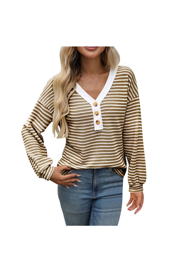 Button Down Striped Sweater for Women Knitted Textured V Neck Color Block Fashion Fall Casual Long Sleeve Blouse