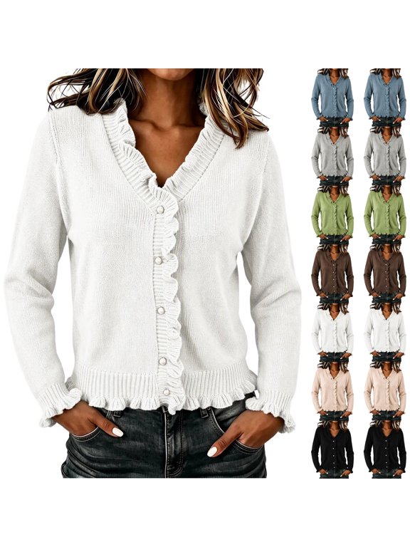 Button Down Sweater Shirts Women Winter Fashion Ruffled Trim Knit Sweater V Neck Button Down Winter Sweaters Outerwear Coats
