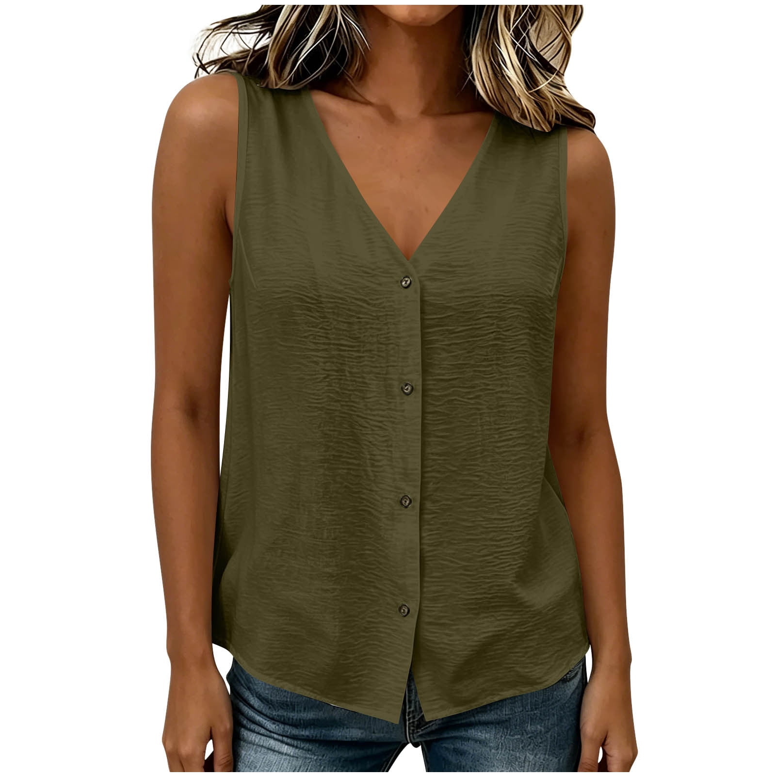 Button Down Tank Tops For Women V-Neck Sleeveless Texture Cami Blouse ...