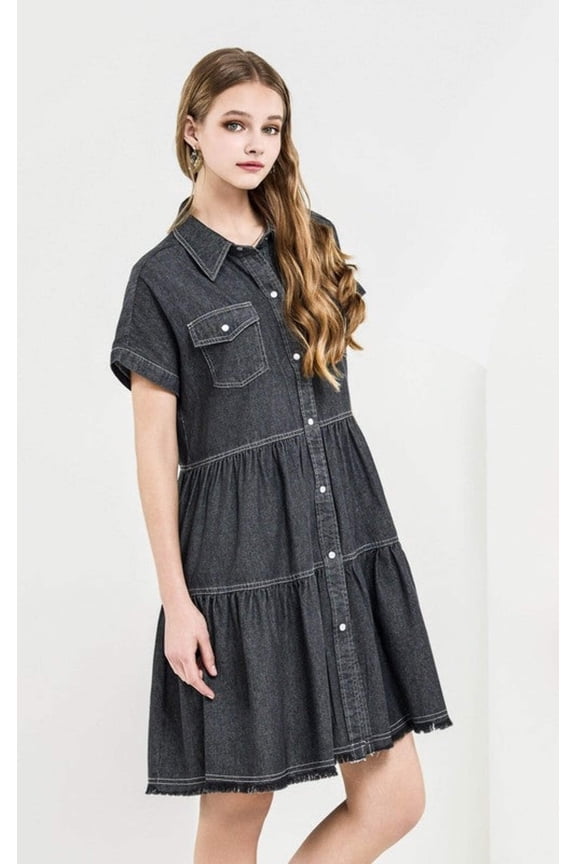 Button Down Tiered Babydoll Denim Shirt Dress