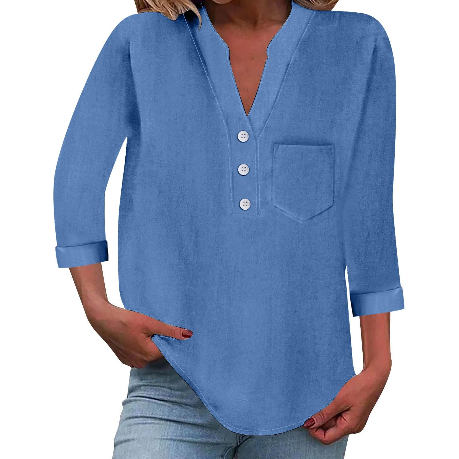 Button Down V Neck Linen Shirts for Women Plus Size 3/4 Sleeve Chest ...