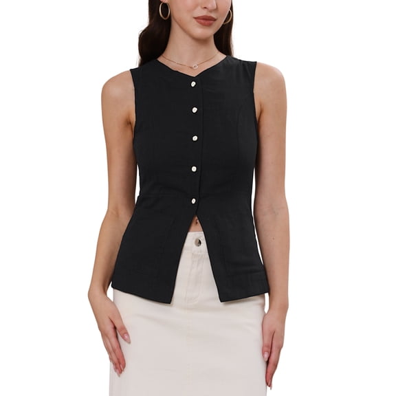 Button Down Vest Tops Summer Business Casual Sleeveless V Neck Suit Vests Waistcoat M Black