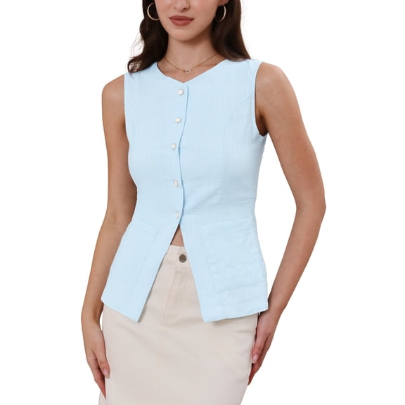 Button Down Vest Tops Summer Business Casual Sleeveless V Neck Suit Vests Waistcoat S Light Blue