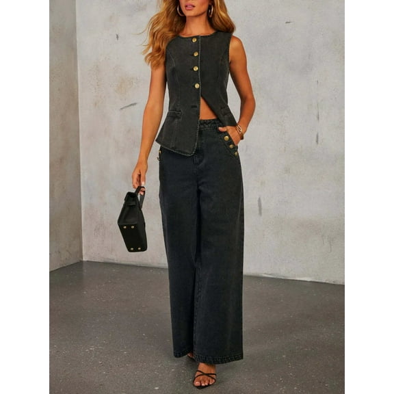 Button Down Vest and Wide Leg Jeans Denim Set