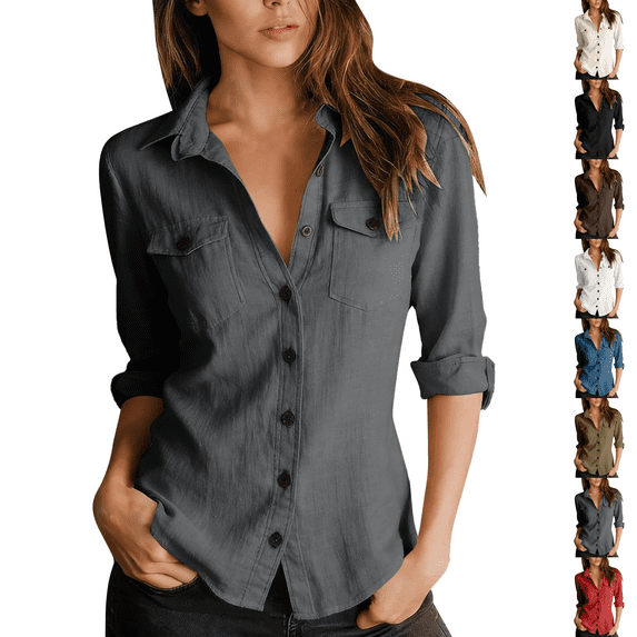 Button Down Dress Shirts Women Long Sleeve Work Tops Non-Iron Easy Care Soft Breathable Material Moisture Wicking Lightweight Stretchable for Daily Business Casual Office Gray XL