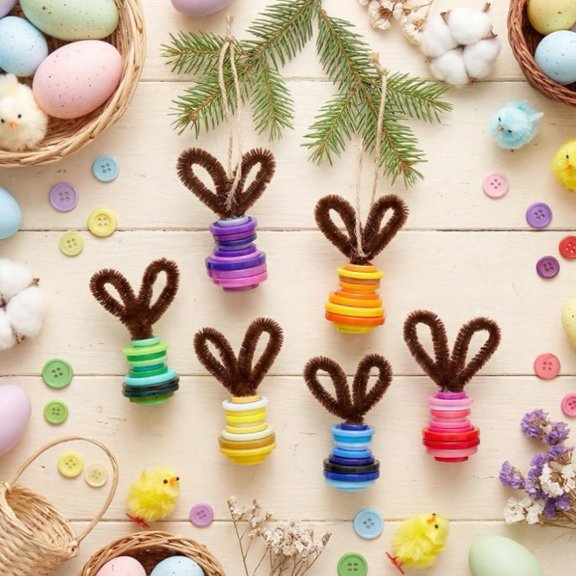Button Easter Bunny Craft Kit DIY Button Bunny Hanging Ornament with Twisting Stick Ears for Easters Basket Stuffer Holiday Party Favors
