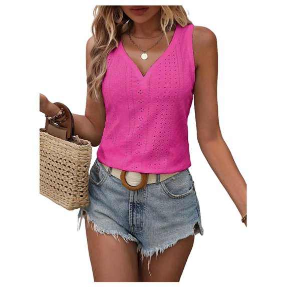 Button Embroidered Eyelet Tank Top Pink L