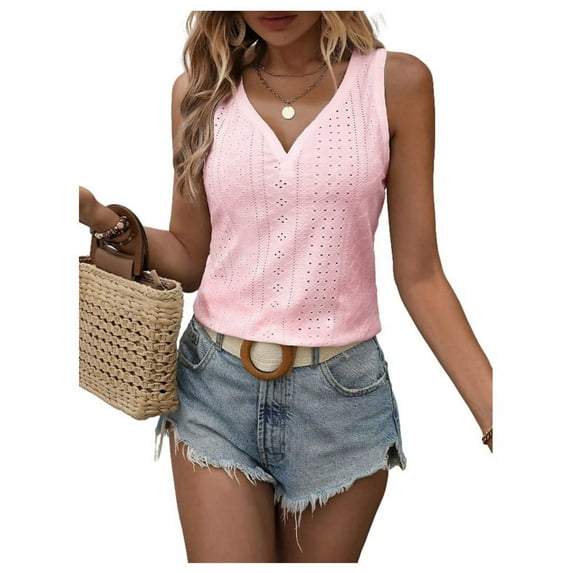 Button Embroidered Eyelet Tank Top Pink XL